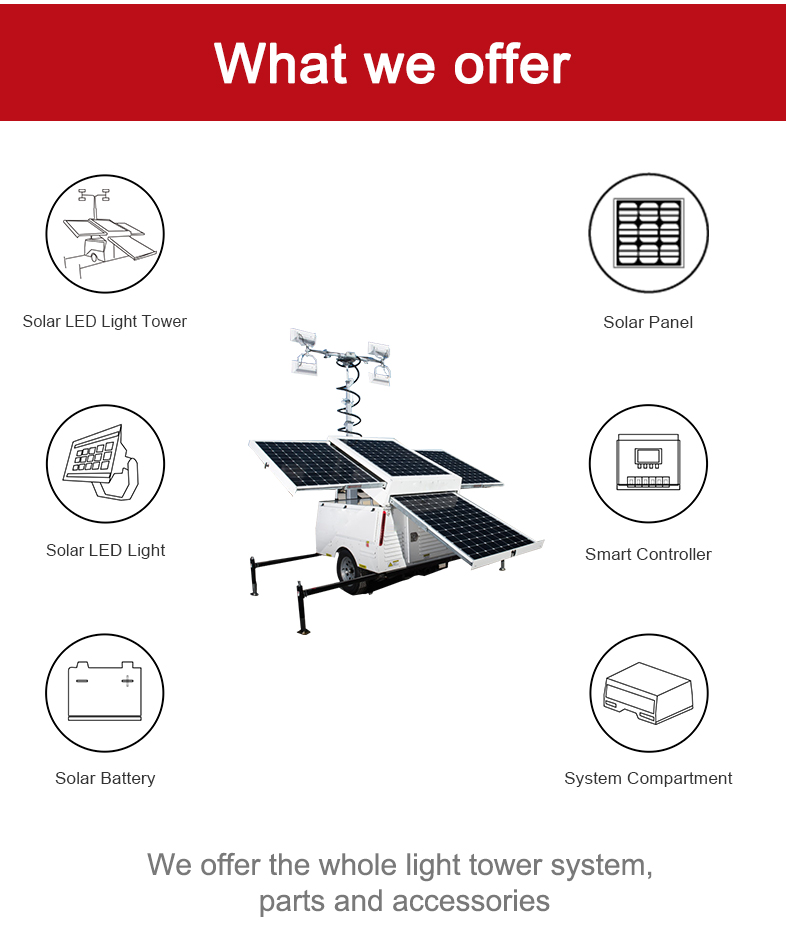 BIGLUX 570W solar light tower with telescoping mast, LED heads, solar panels and trailer base